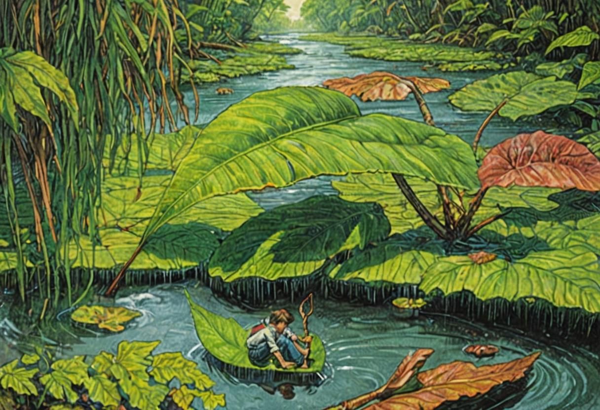 Boy on Leaf Raft in Giant Flora, Surrealism