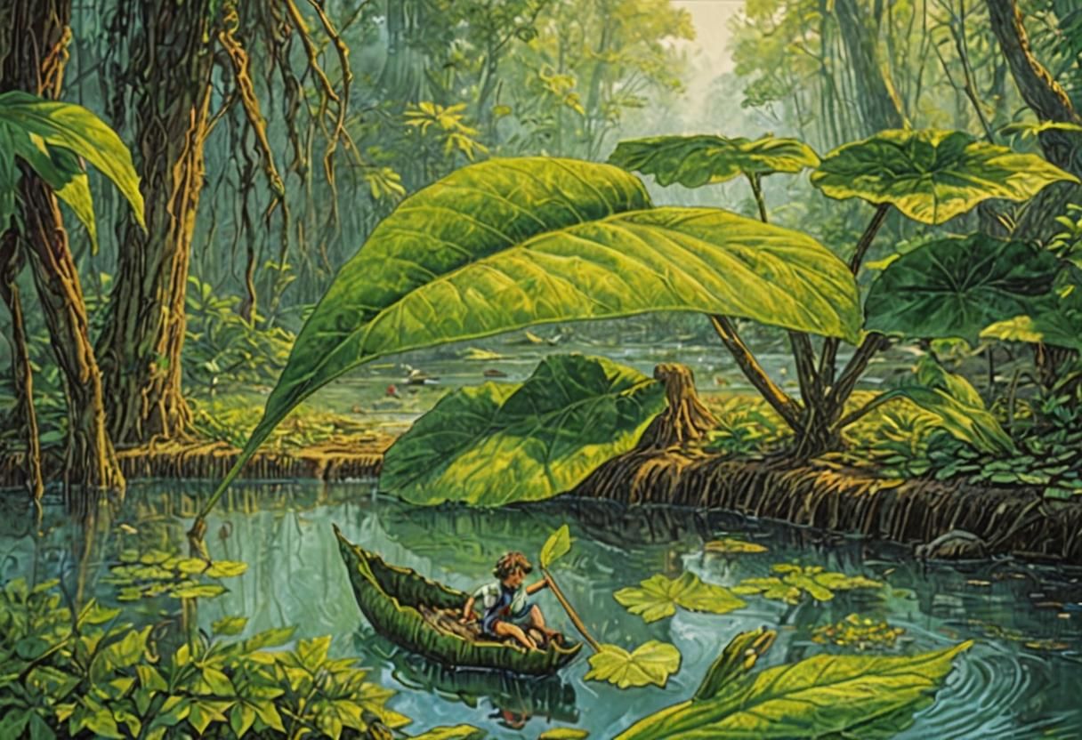 Boy on Leaf Raft in Giant Flora, Surreal Art
