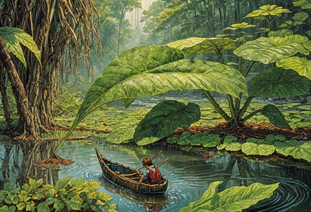 Boy on Leaf Raft in Giant Flora Stream