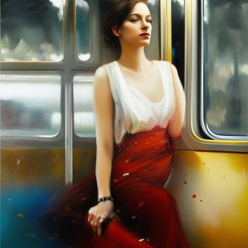 Girl on Train in Abstract Expressionist Style