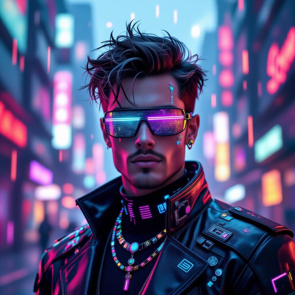 Futuristic Dystopian Cityscape with Guy in High-Tech Attire