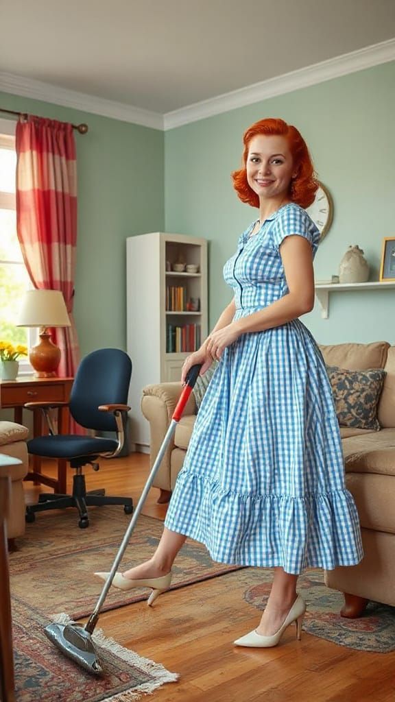 1950s Redhead Housewife in Gingham Dress