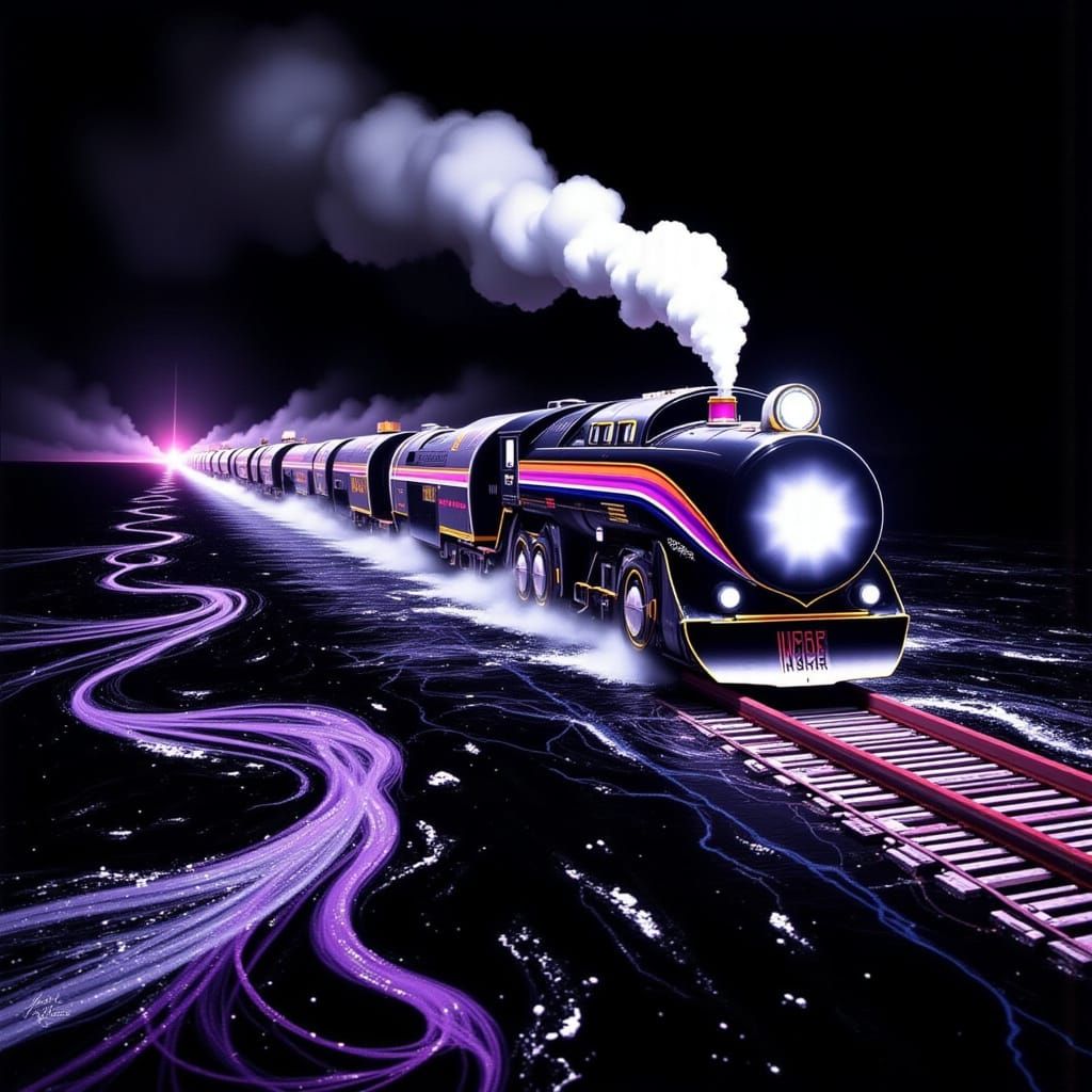 Locomotives Transporting Boats in Futuristic Landscape