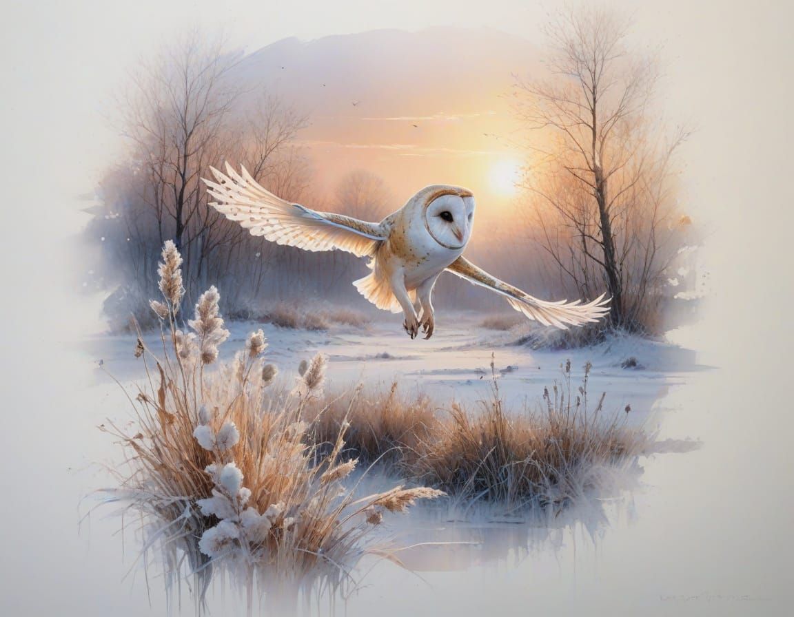 Barn Owl Glides Over Frosty Meadow at Dawn
