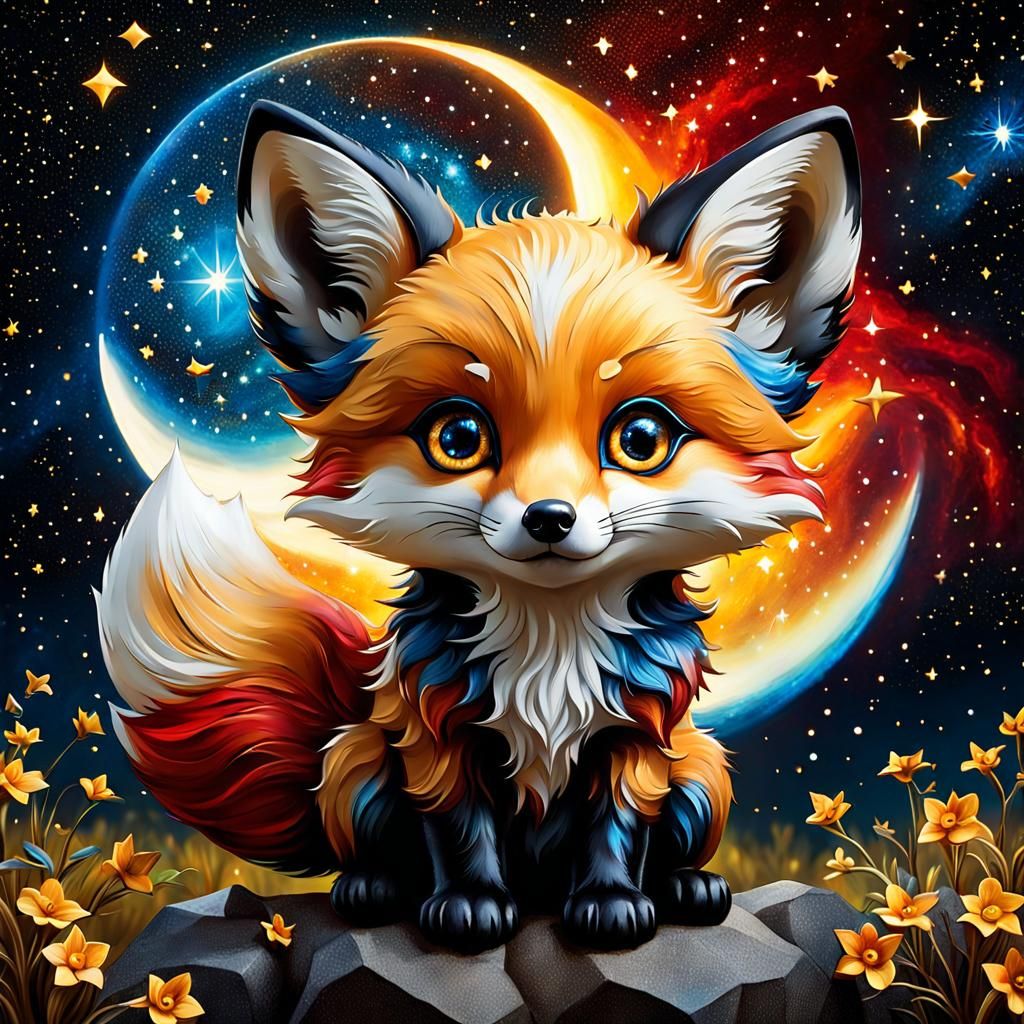Whimsical Starry Chibi Fox Portrait
