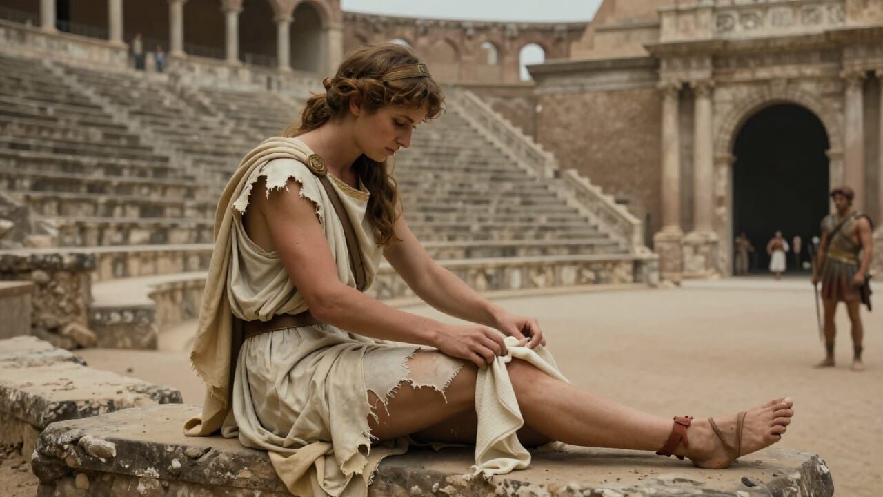 Gladiator Woman Tends Wounds After Arena Battle