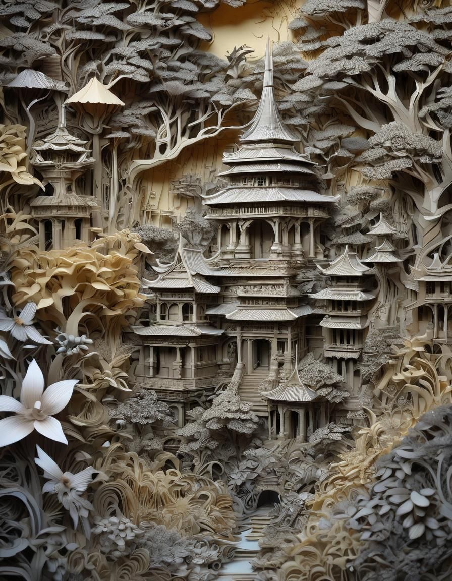 Enchanted Jungle Paper Art: Detailed Mixed-Media Scene