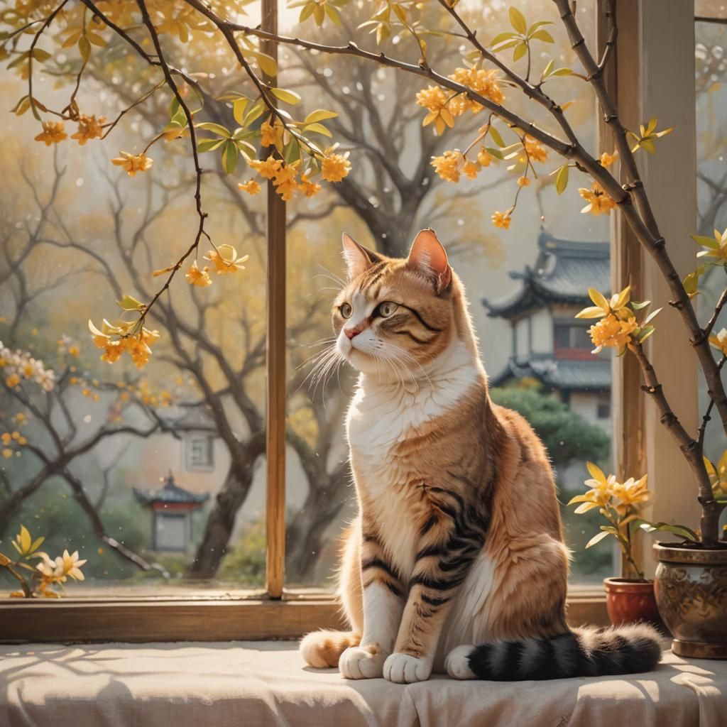 A Serene Cat Amidst Golden Osmanthus Blooms