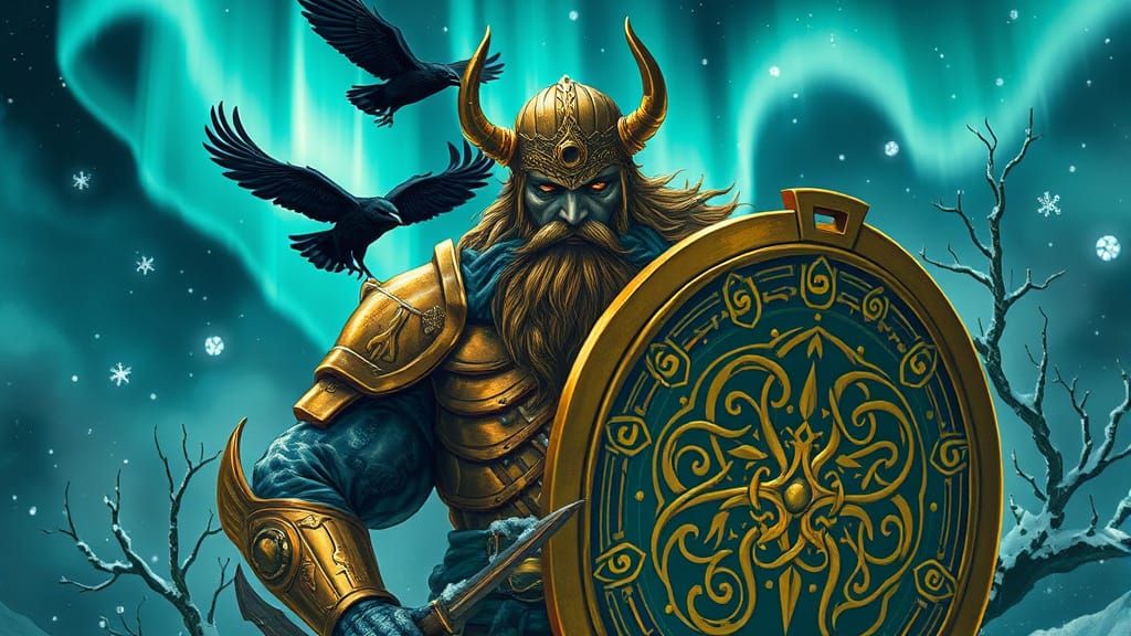 Cyberpunk Norse Warrior Under Northern Lights
