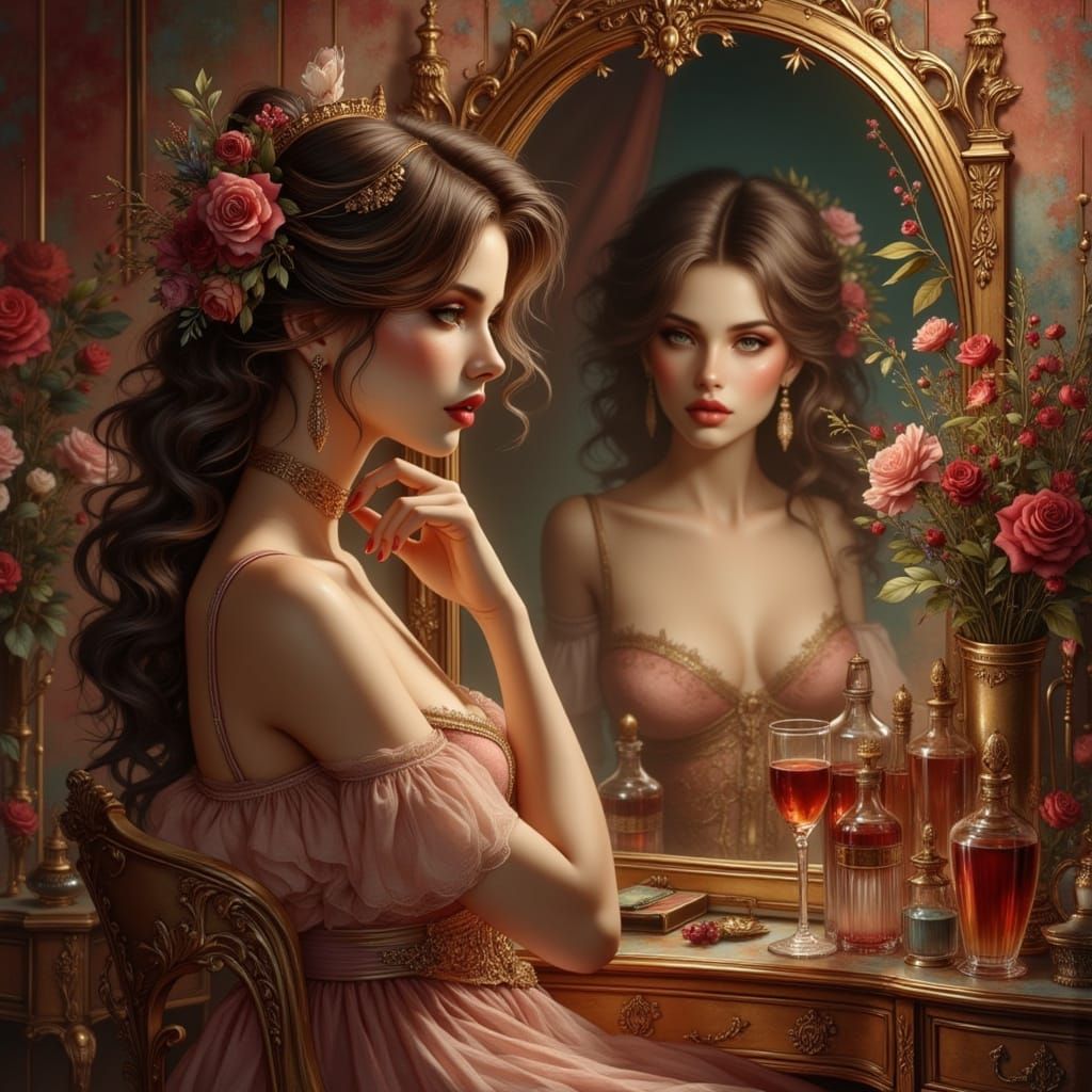 Woman at Vanity in Art Nouveau Punk Style