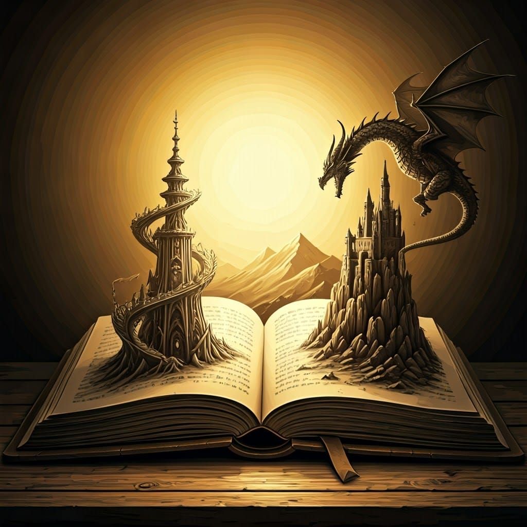 Intricate Ink Illustration: Mana Tower and Dragon Castle