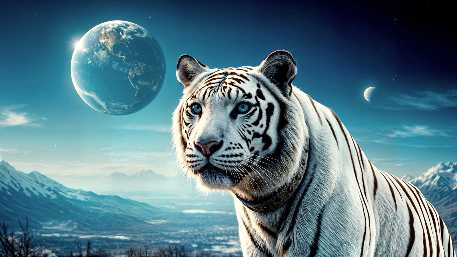 White Tiger on Moon with Earth View