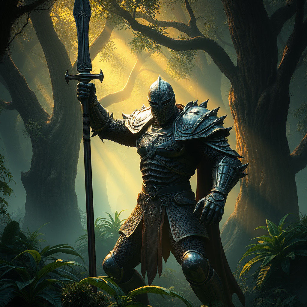 Alligator Knight in Mystical Forest, Fantasy Art