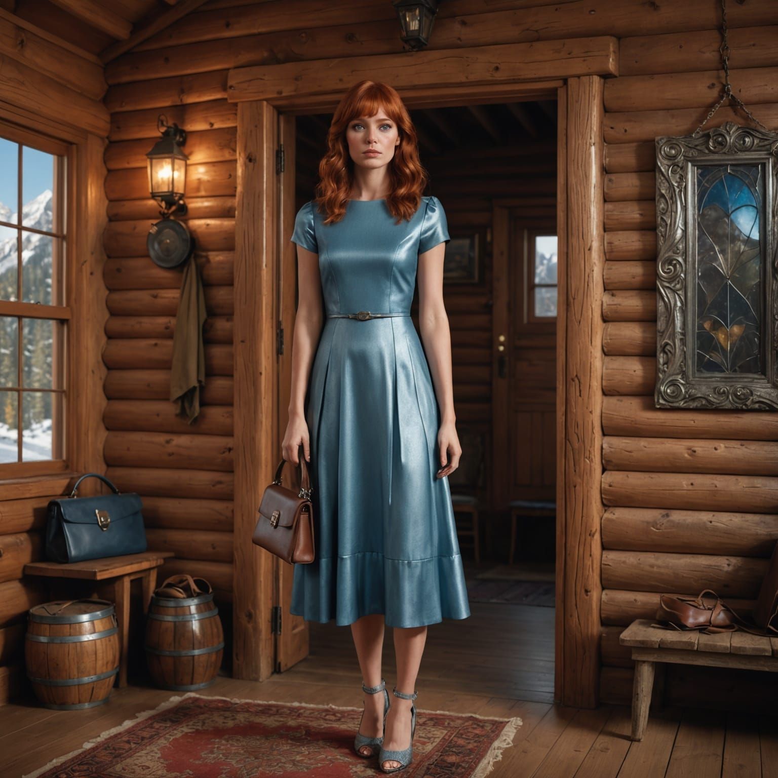 Woman in Silver Dress Posing in Front of Cabin