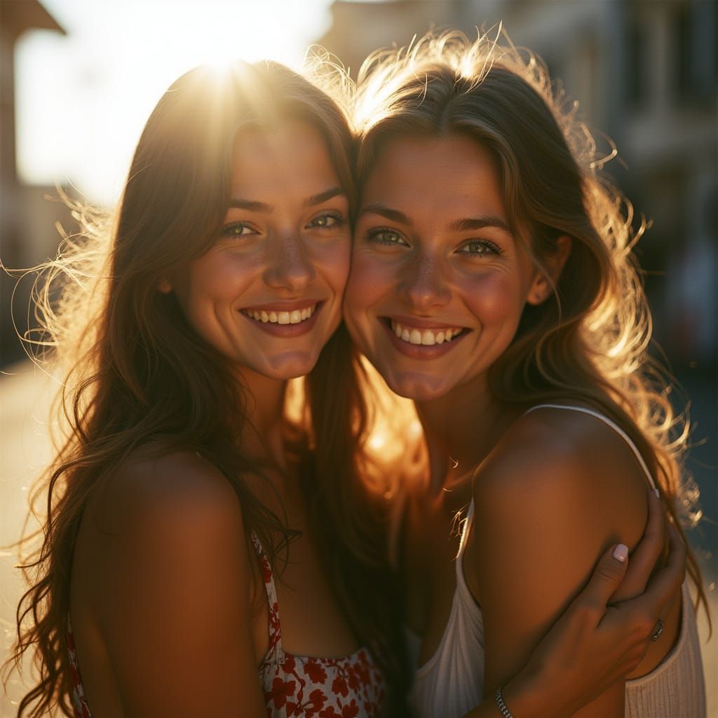 Two Women Embrace in Warm Sunlight, Cinematic Film Still