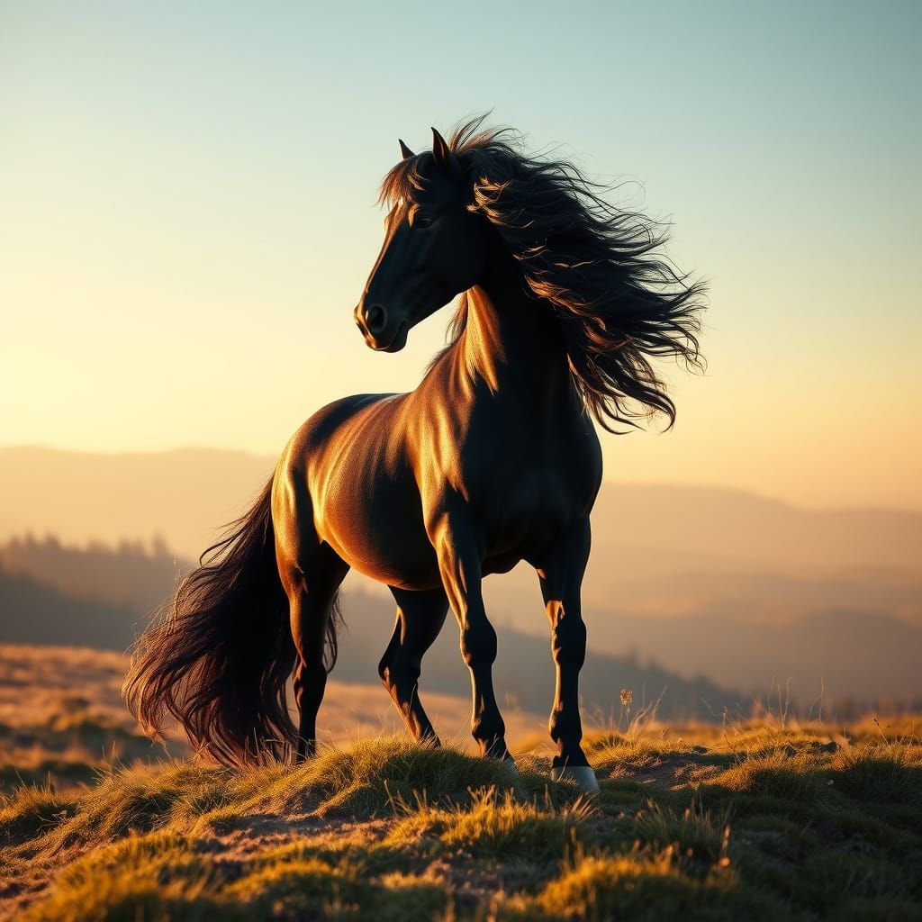 Elegant Black Stallion Amidst Golden Landscape