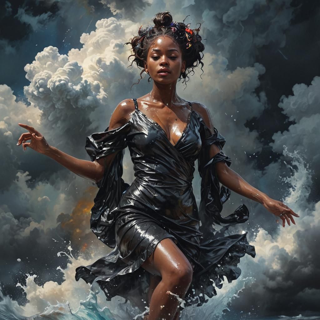 Ebony Character in Swirling Clouds, Polychromatic Splash Art