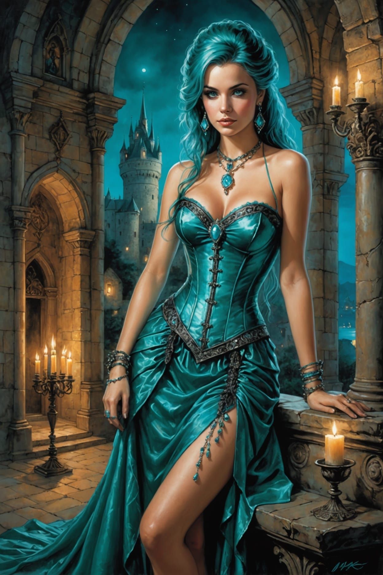 Turquoise Woman in Castle, Fantasy Art Style