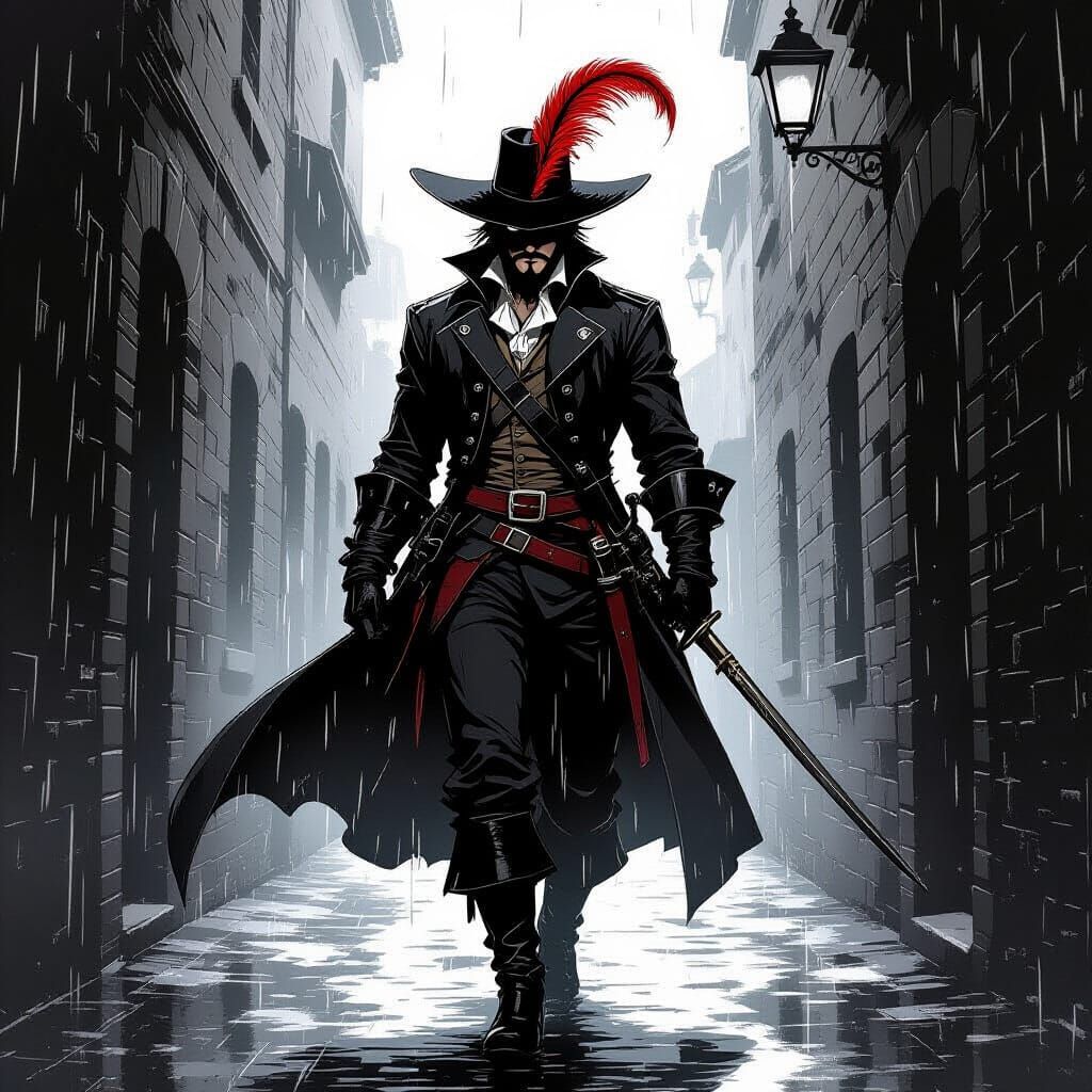 Musketeer in Rainy Alleyway: Manga Style