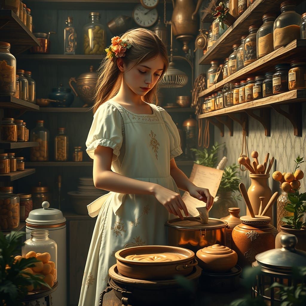 Girl Making Peanut Butter in Magical Kitchen