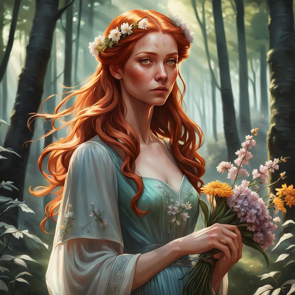Ginger-Haired Girl Picking Flowers: Hyperdetailed Portrait