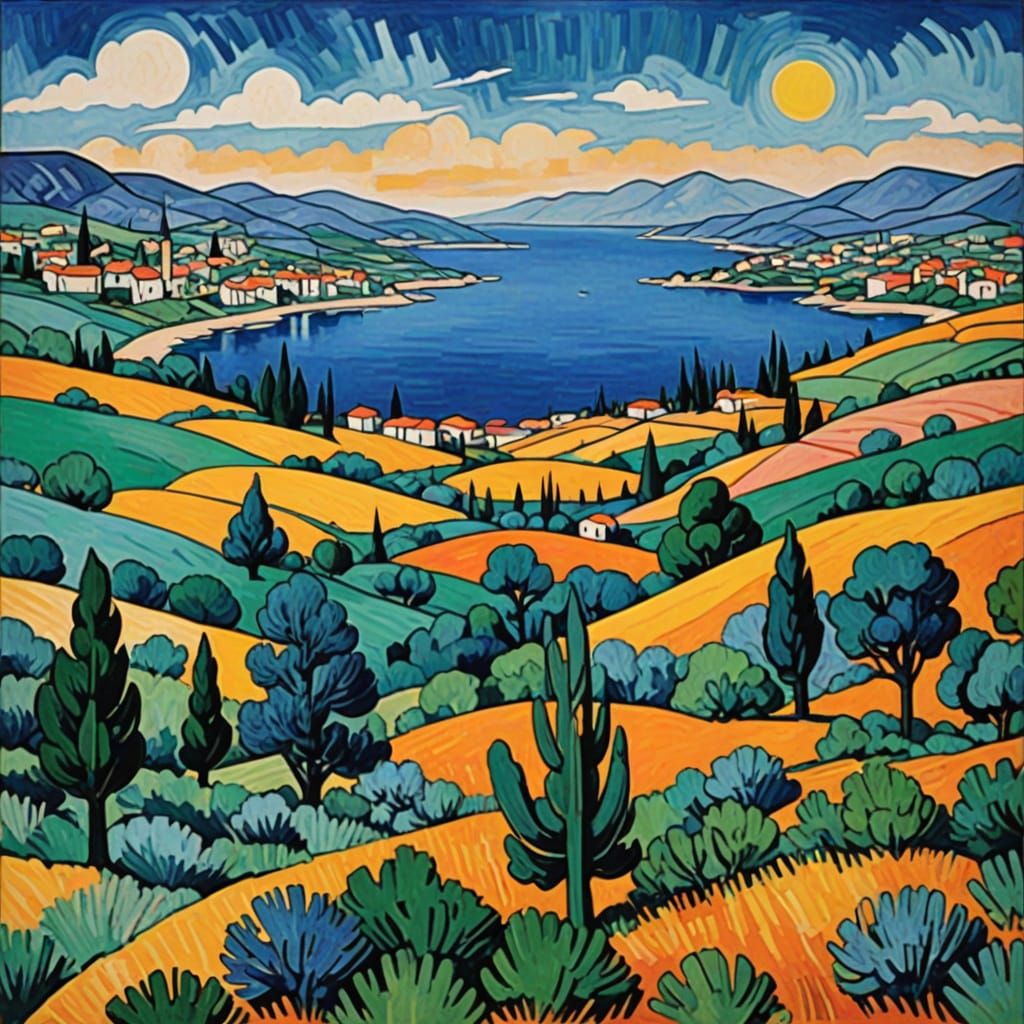 Surreal Cubist Landscape in Monochromatic Palette with Geome...