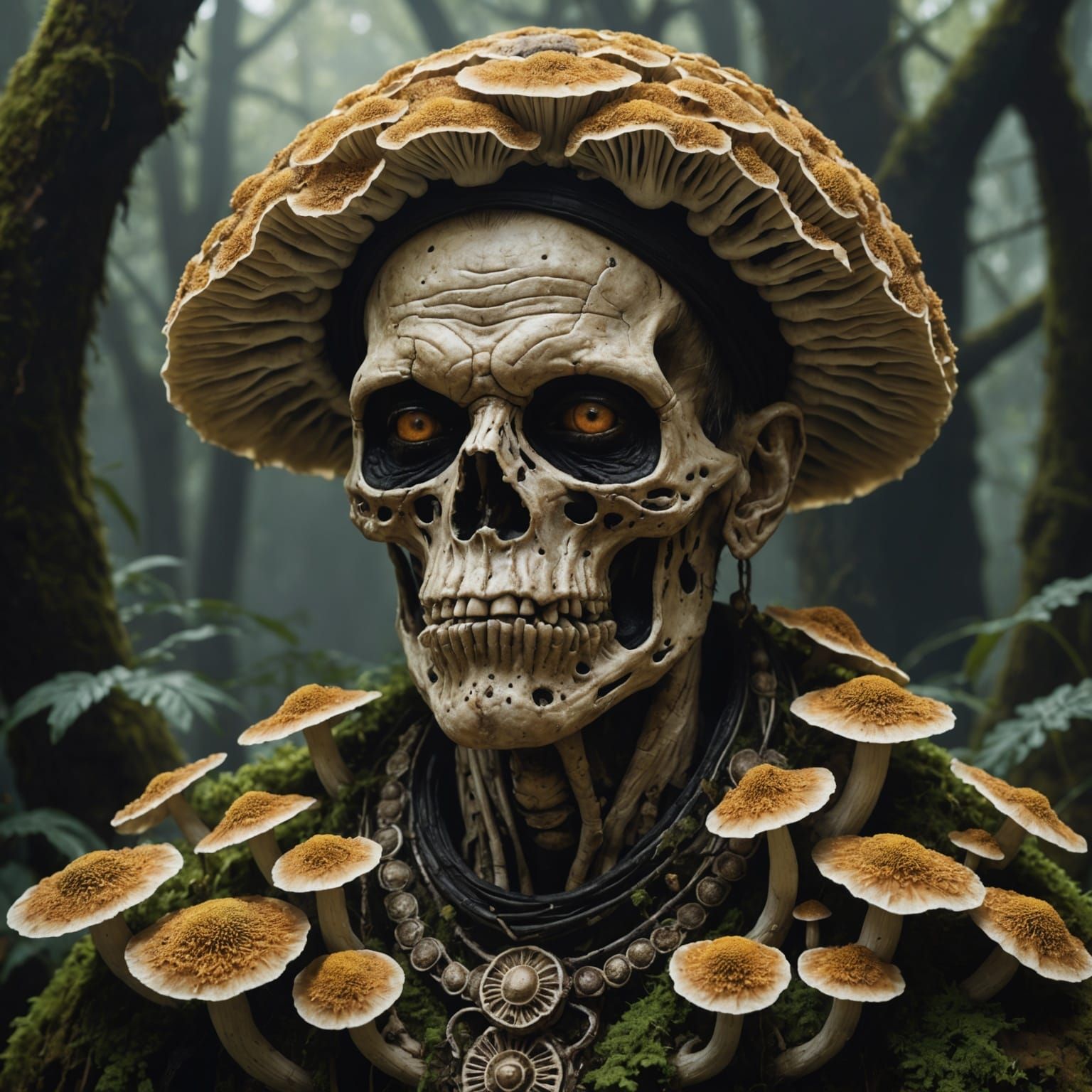 Hyperrealistic Portrait of Xibalba Full of Fungi