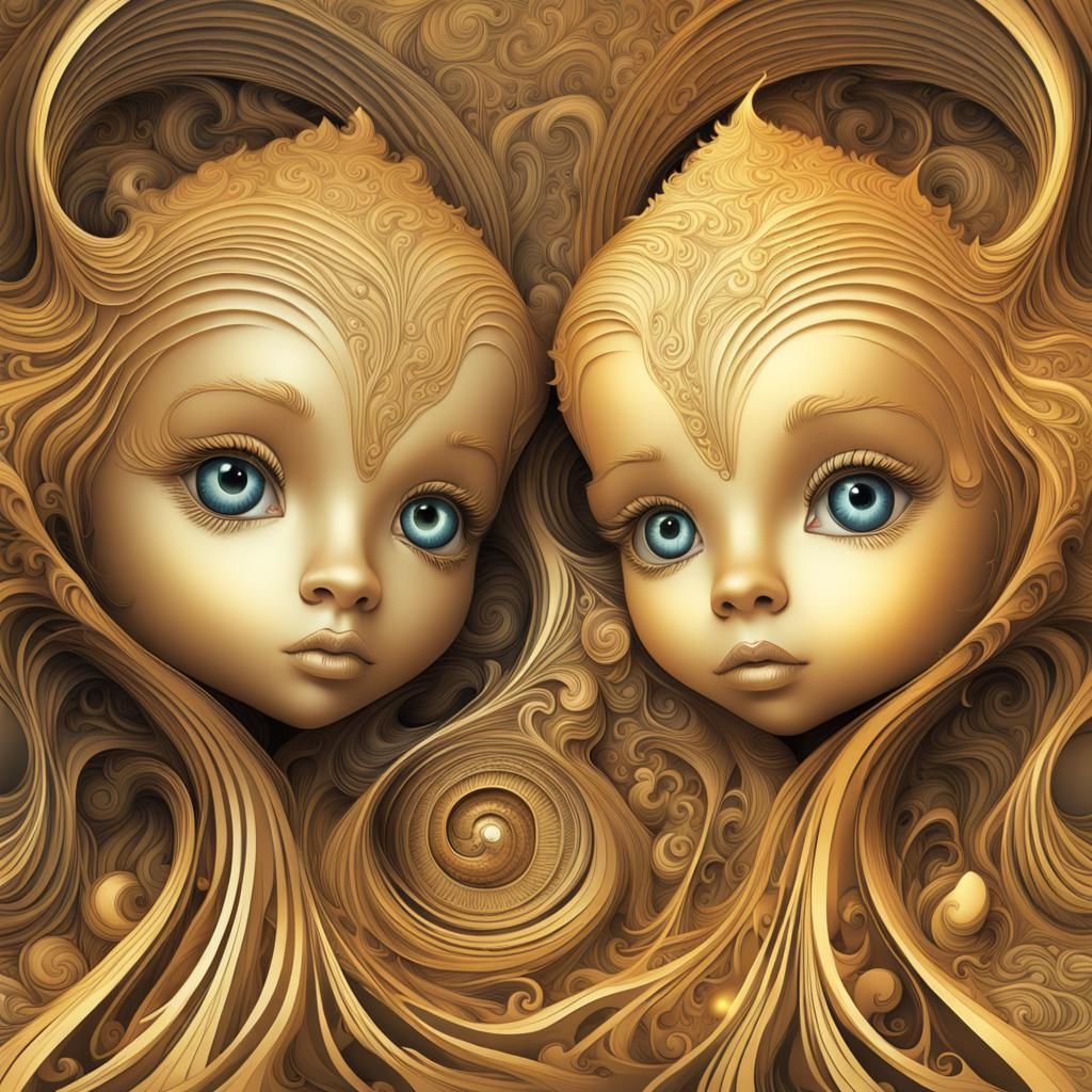 Golden Haired Galaxy Babies in Abstract Fractal Art