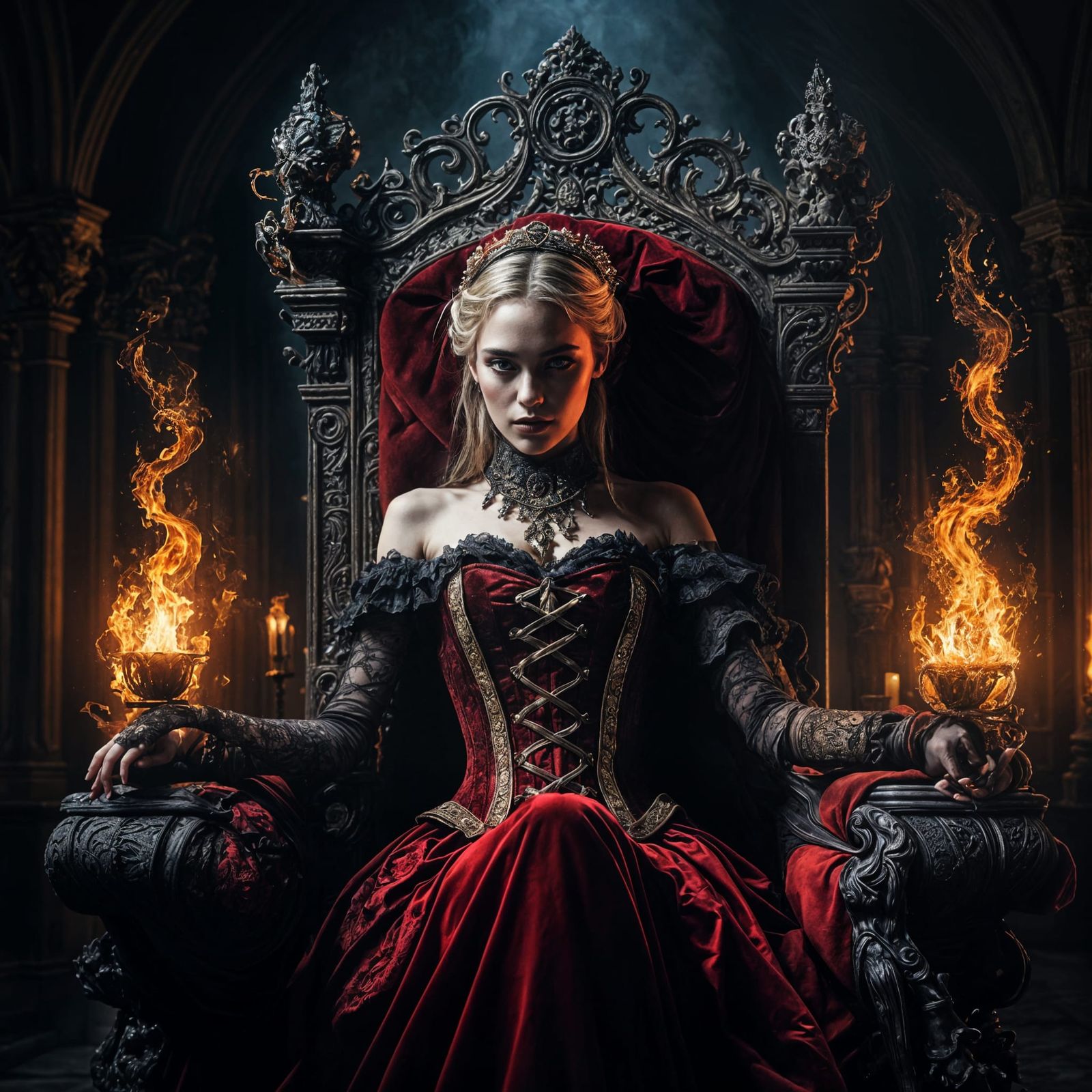 Ethereal Goddess in Fiery Throne Room