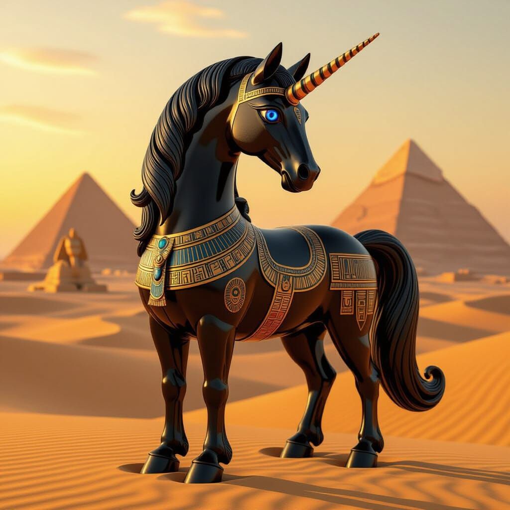 Ebony Unicorn Statue with Egyptian Hieroglyphs