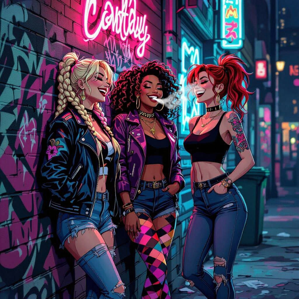 Stylish Trans Women in Alley: Realistic Cartoon Art