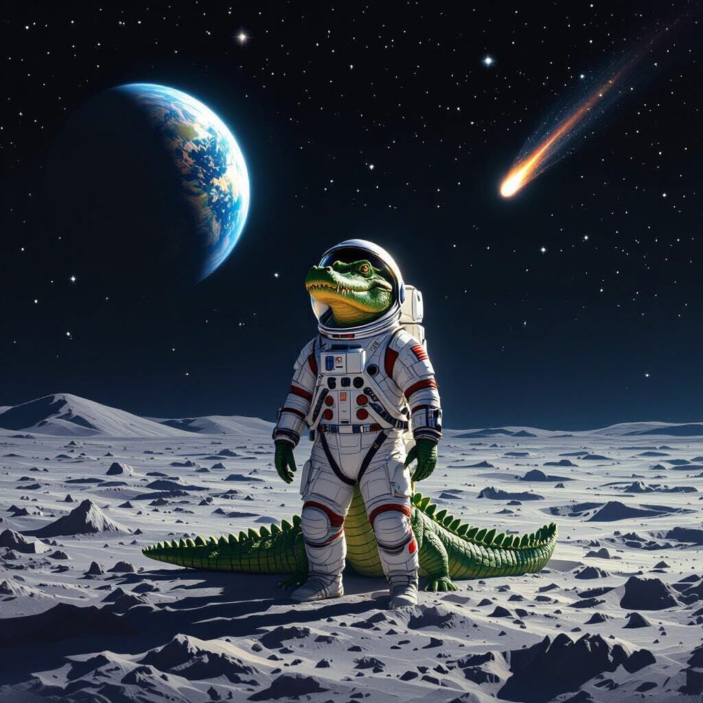 Green Crocodile in Spacesuit at Lunar Dawn
