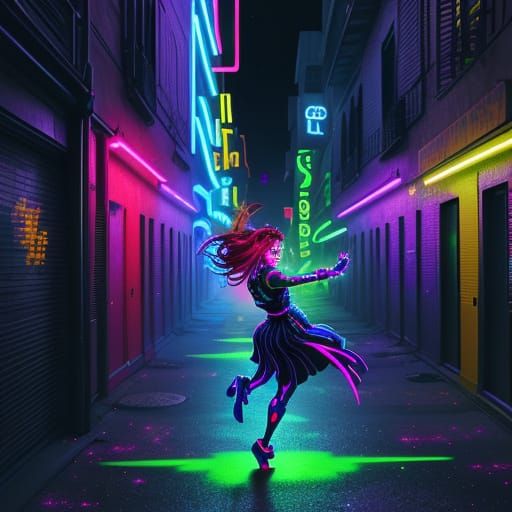 Person Dancing in Neon City, Pixel Art Style