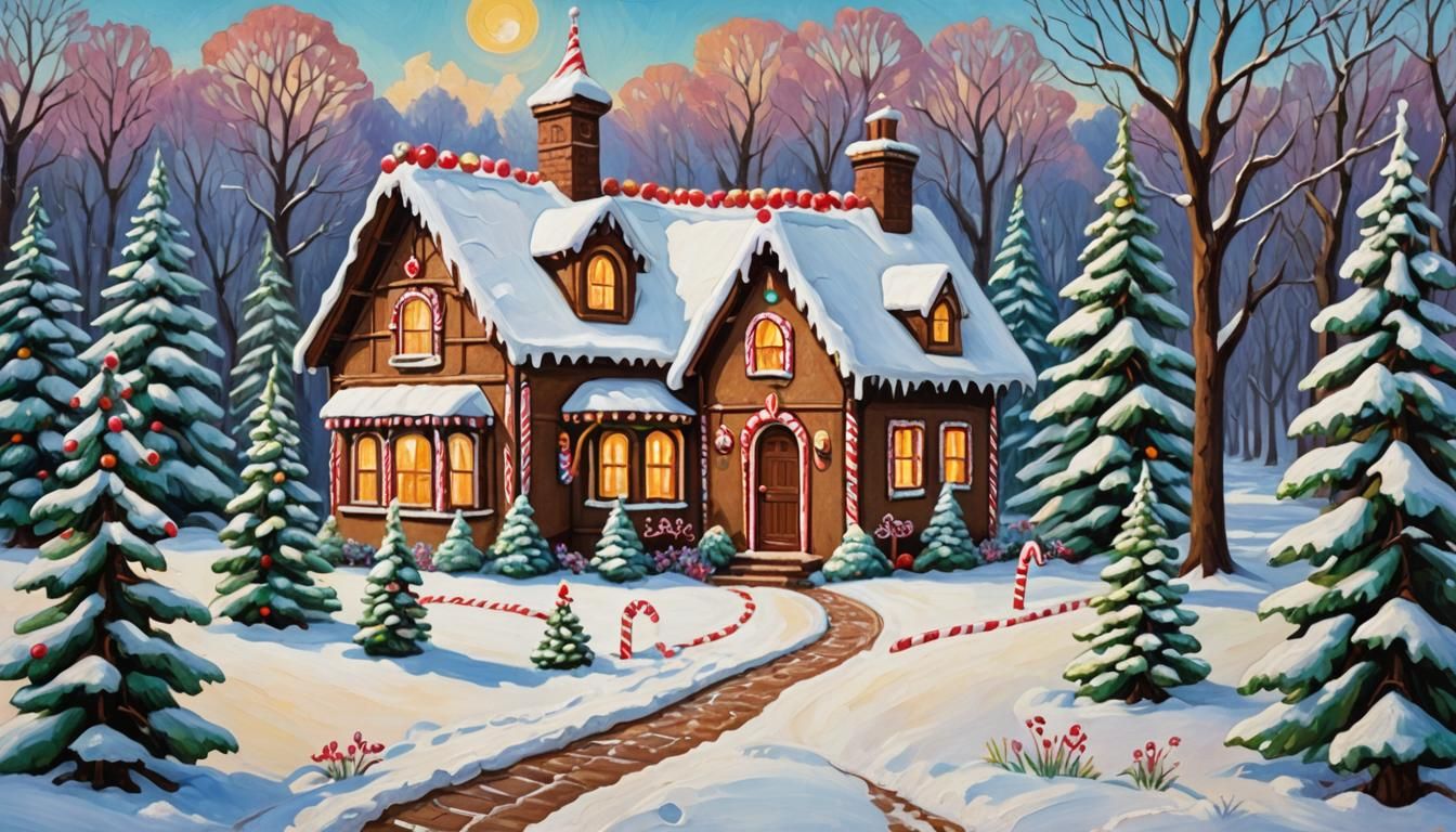 Gingerbread House in Snowy Wonderland, Neo-Impressionist Oil...