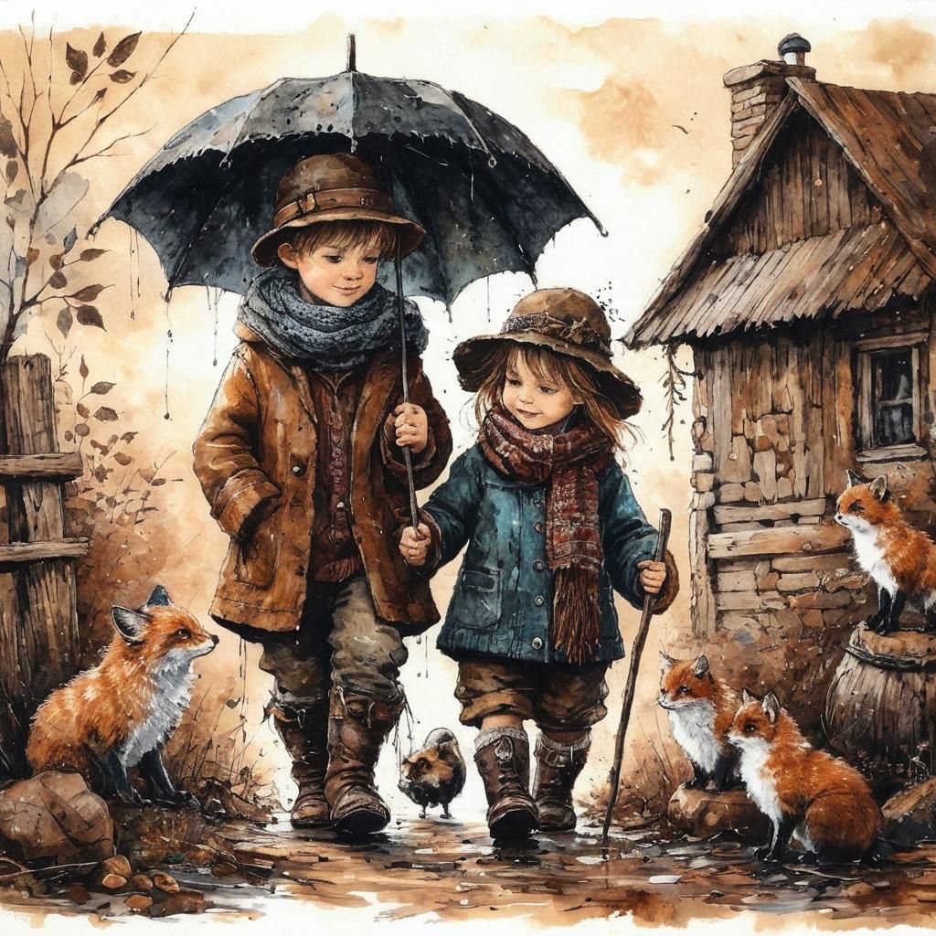 Rustic Siblings Walking: Ink and Acrylic Art