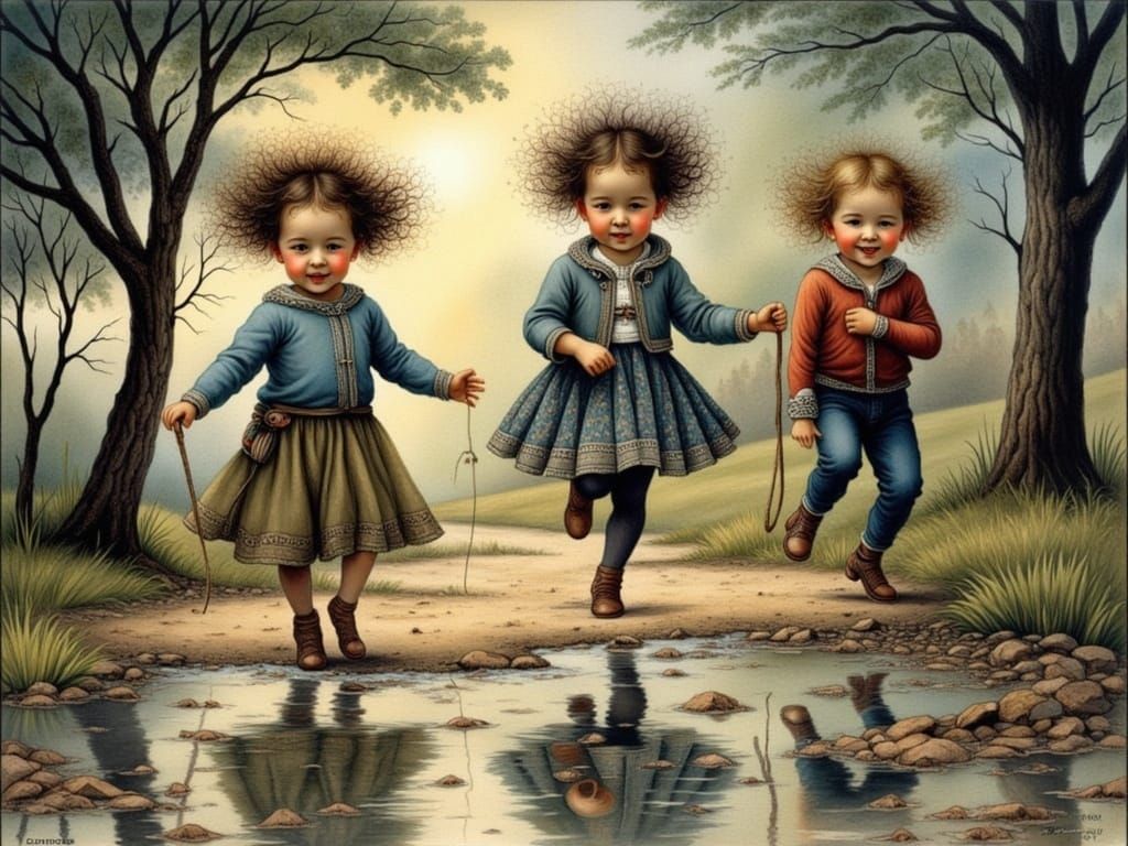 Whimsical Children Leap into Evening Puddles in a Vibrant Wa...