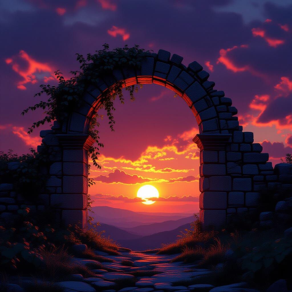 Ancient Tomb Archway at Dramatic Sunset