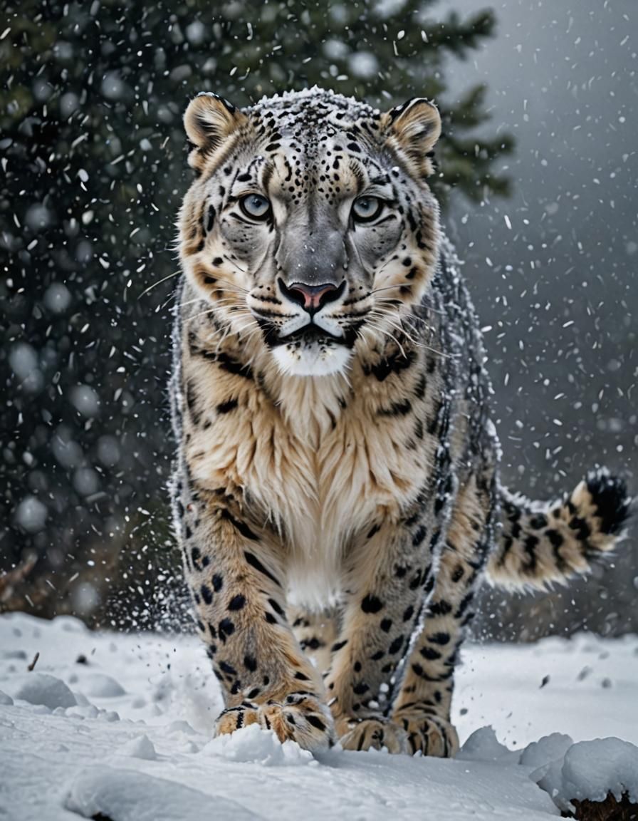 Snow Leopard Pounce in Arctic Landscape Illustration