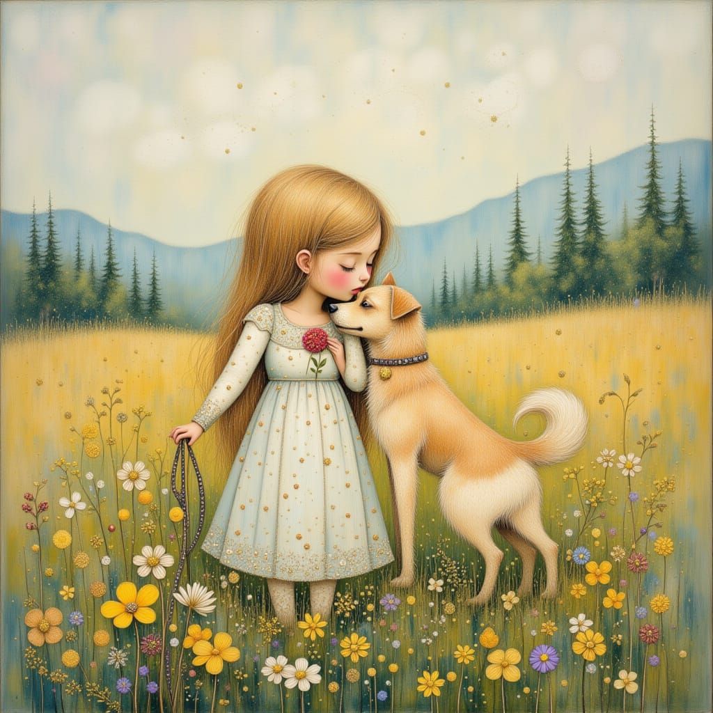 Woman and Dog in Sunny Landscape, Monet Style