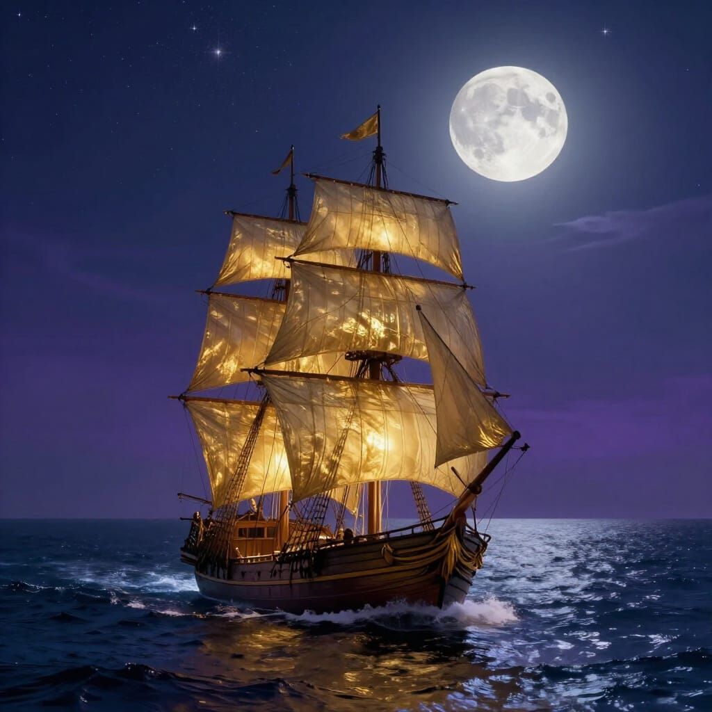Golden Galleon Sails Starry Ocean Towards Luminous Horizon