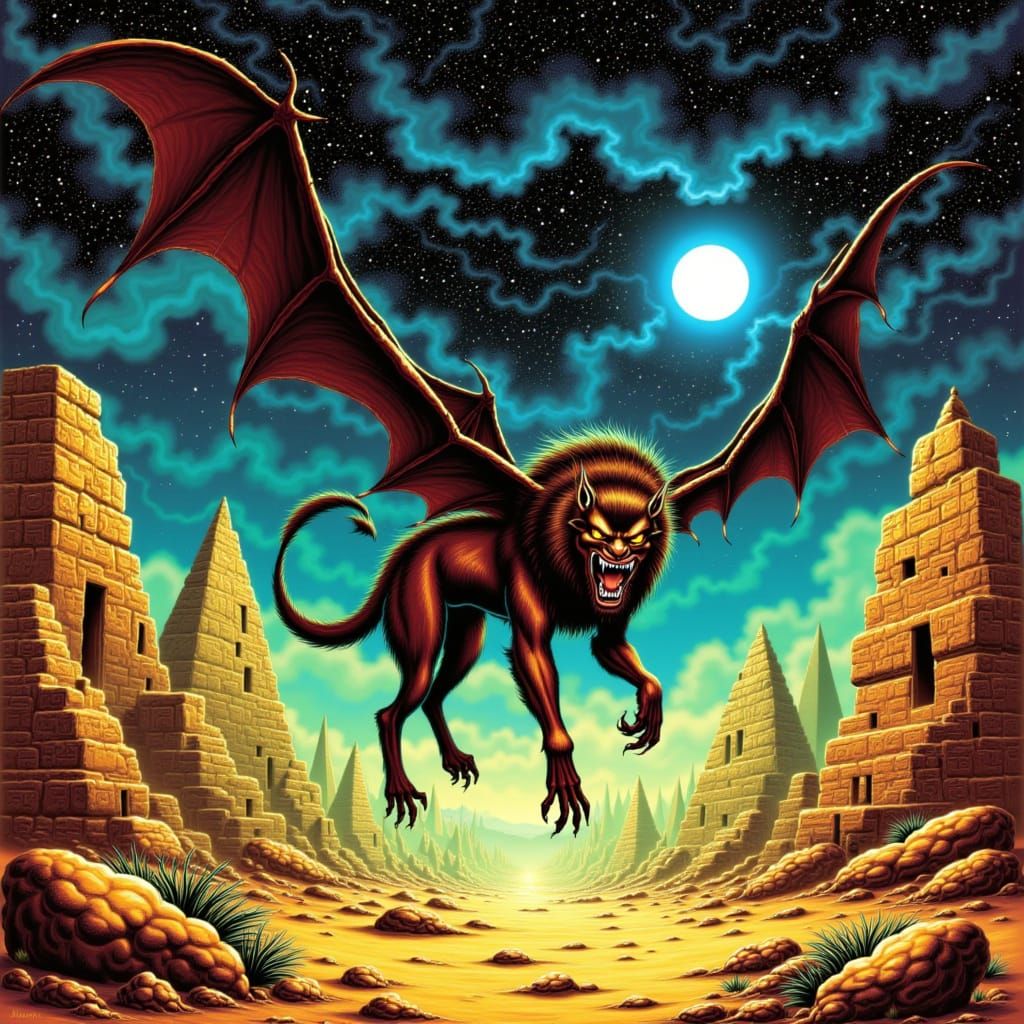 Manticore Hunts Nile Banks in Dark Fantasy Art