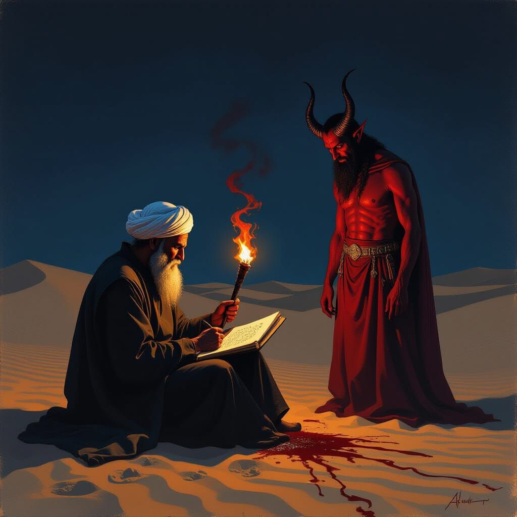 Midnight Ritual: Devil Whispers to Blood Scribe in Desert