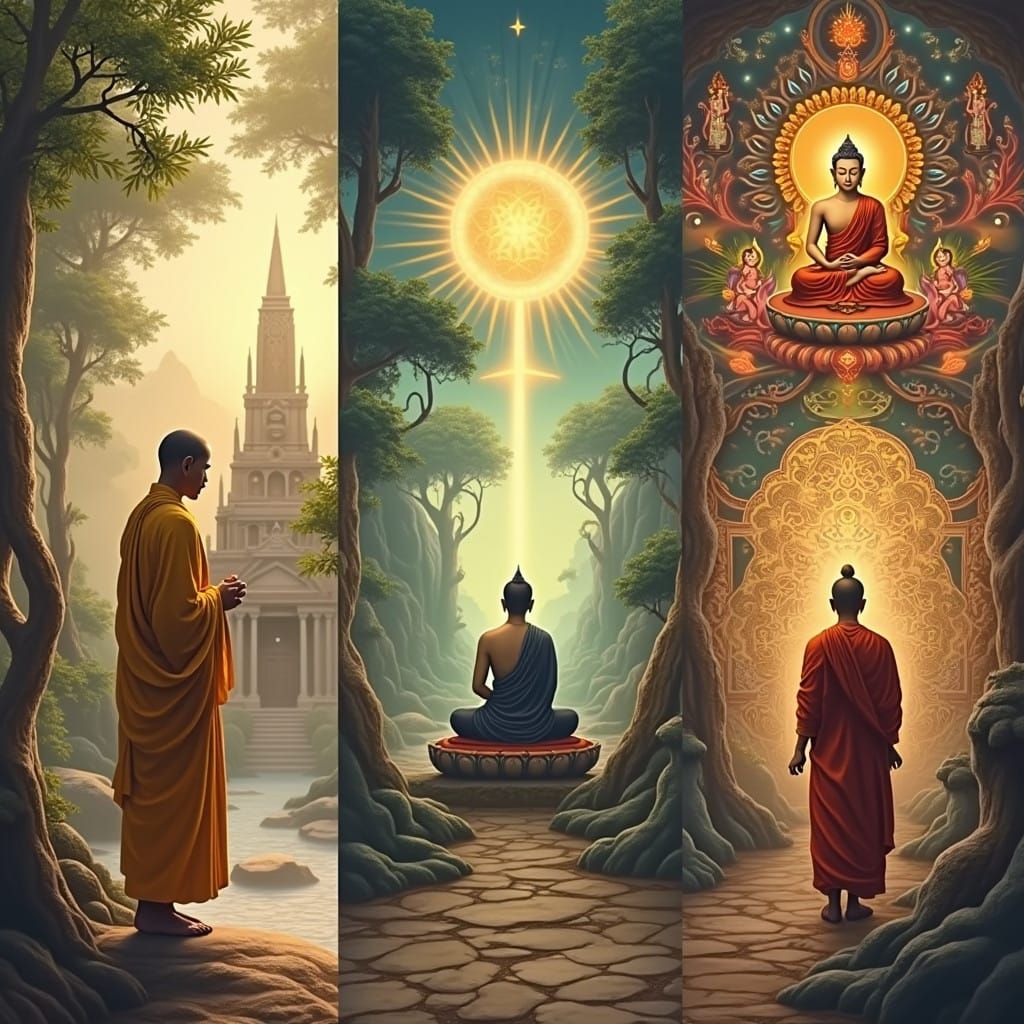 Sacred Buddhist Triptych: Theravada, Mahayana, and Vajrayana