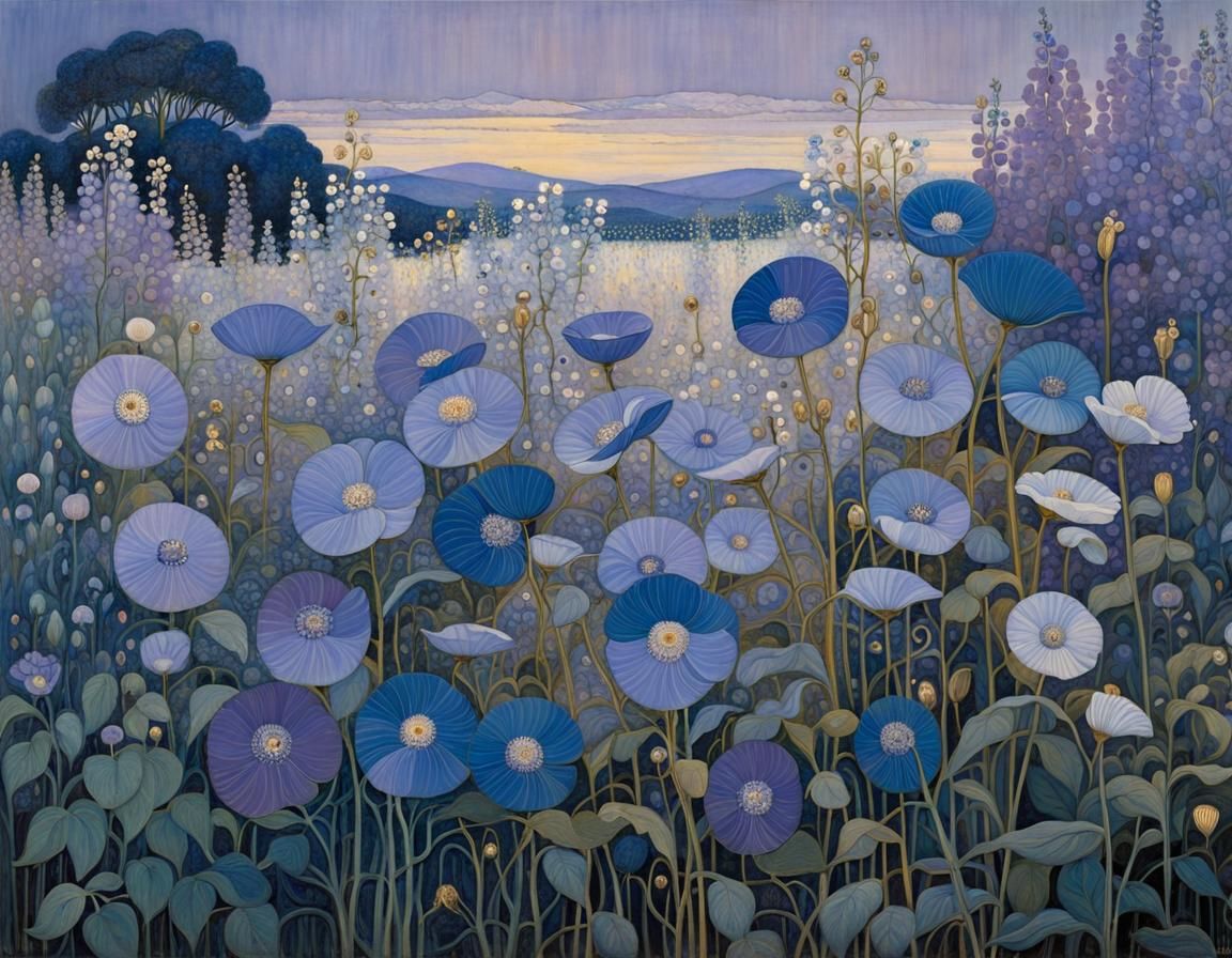 Blue Flowers in Purple Light, Art Nouveau Style