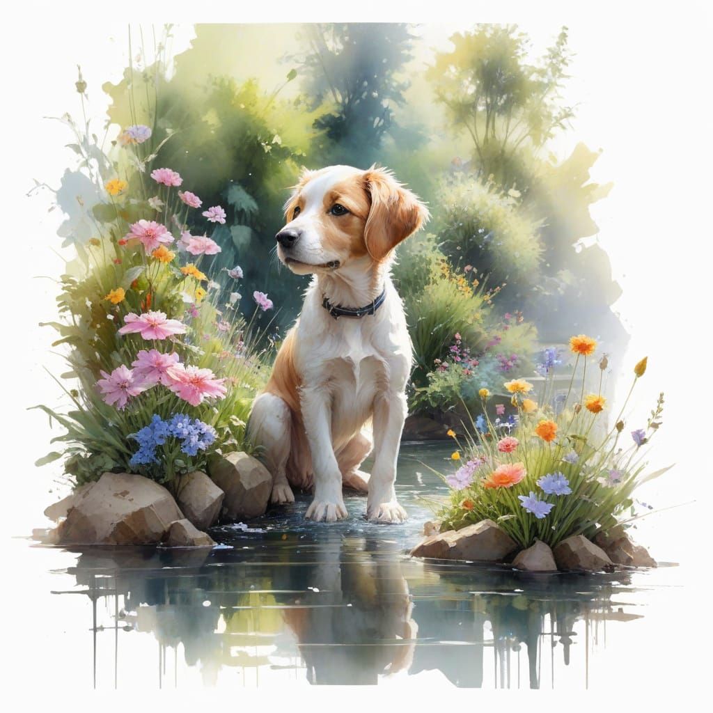 Puppy and Owner in Sunlit River Garden