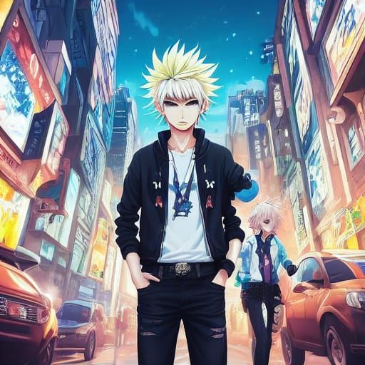 Handsome Anime Man in Vibrant Cityscape