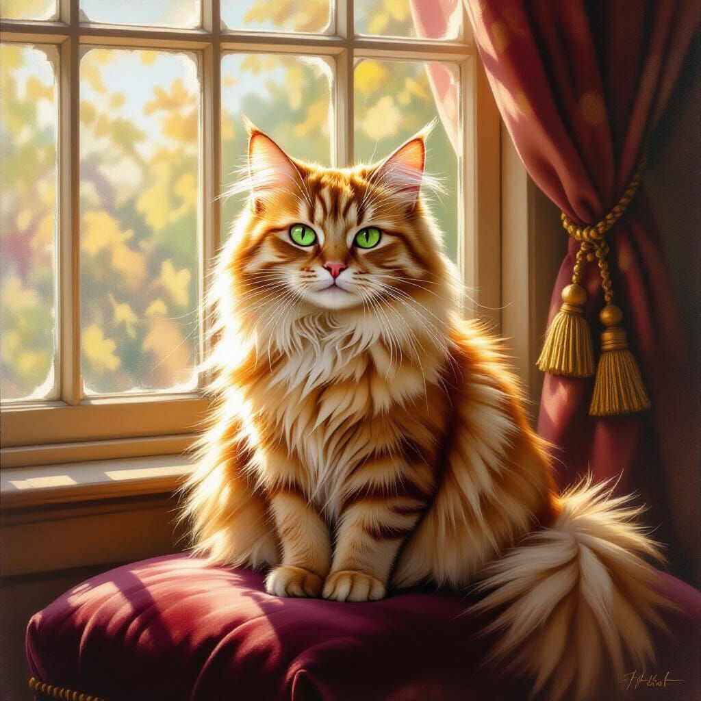 Regal Ginger Cat in Sunlit Victorian Study