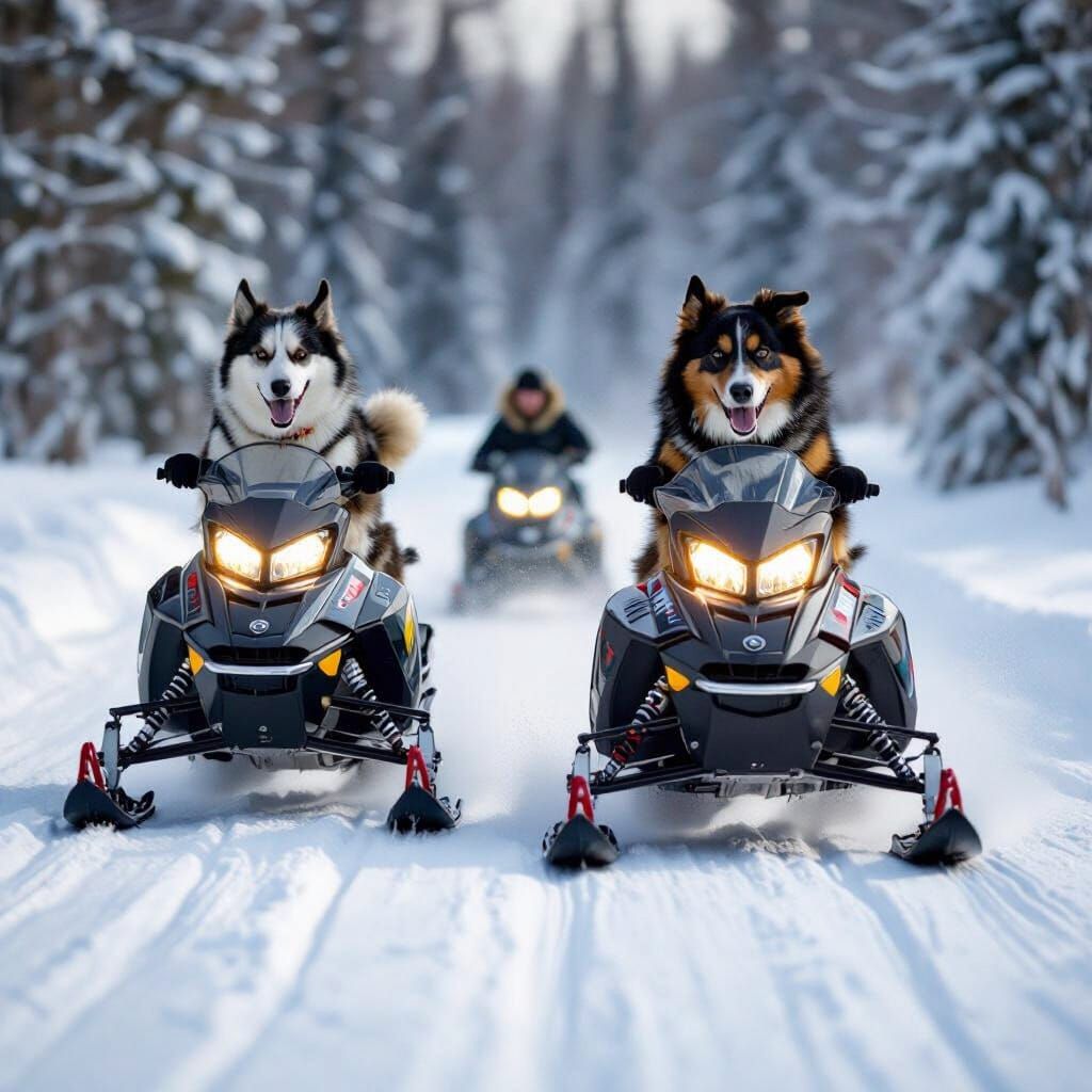 Dogs Racing Snowmobiles in Snowy Landscape