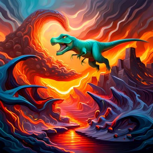 T-Rex vs Phoenix in Lava Graffiti Art