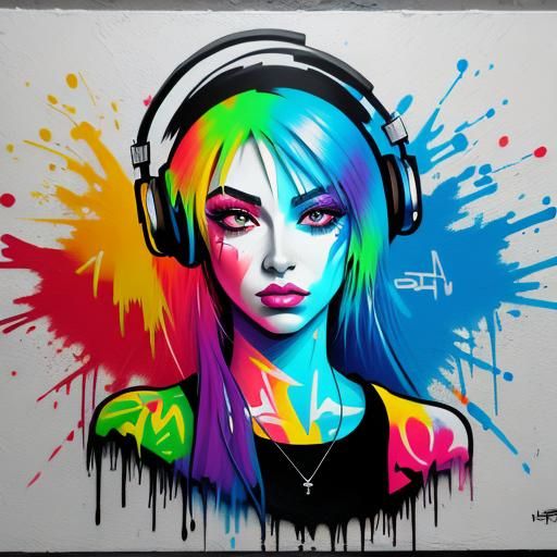 Girl DJ in Colorful Graffiti Street Art